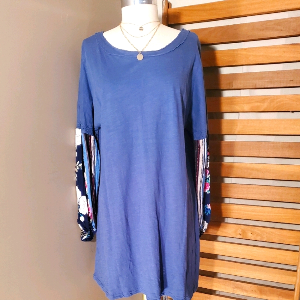 SS0328 L Blue knife Floral bloused sleeve Tunic